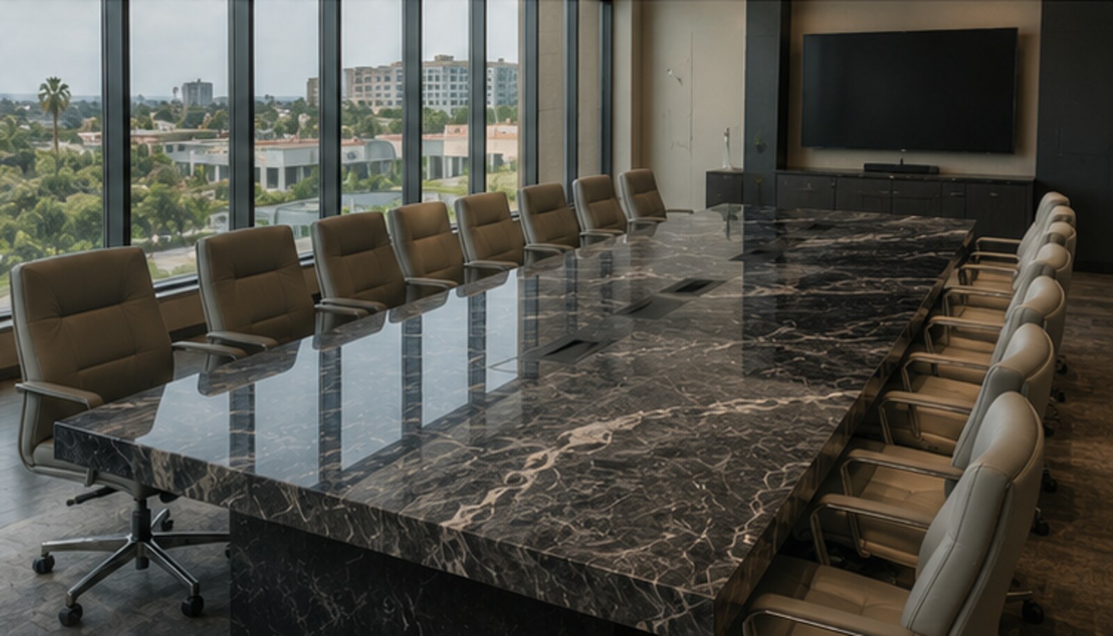 Presidential direction: long dark stone boardroom table seating a full board along a window wall