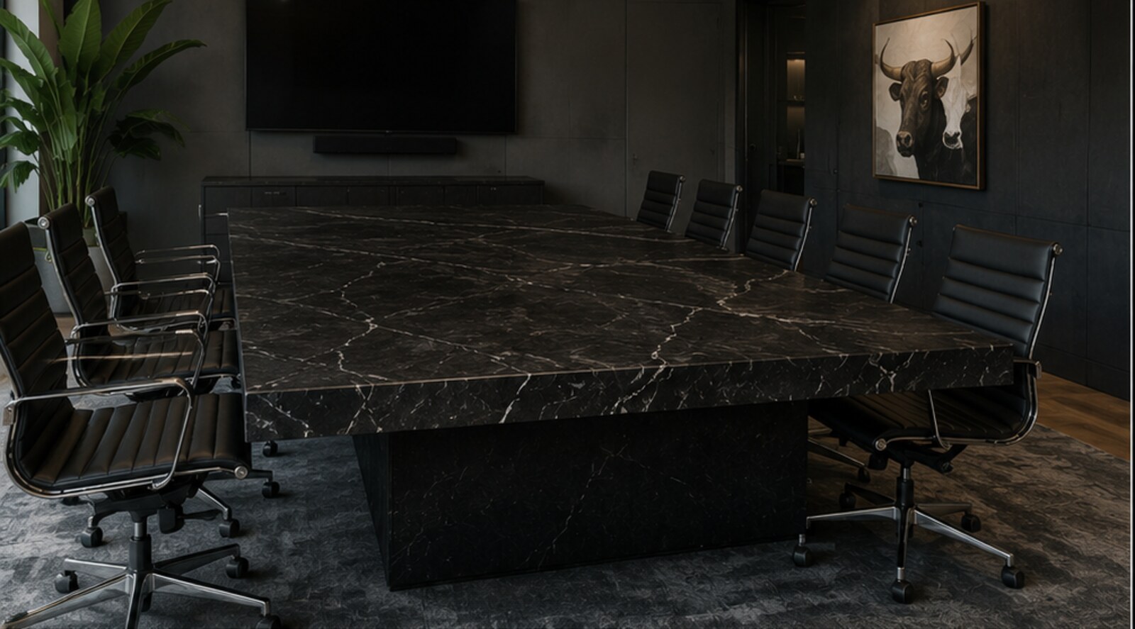 Monolith direction: thick black stone conference table top over a matching stone pedestal base